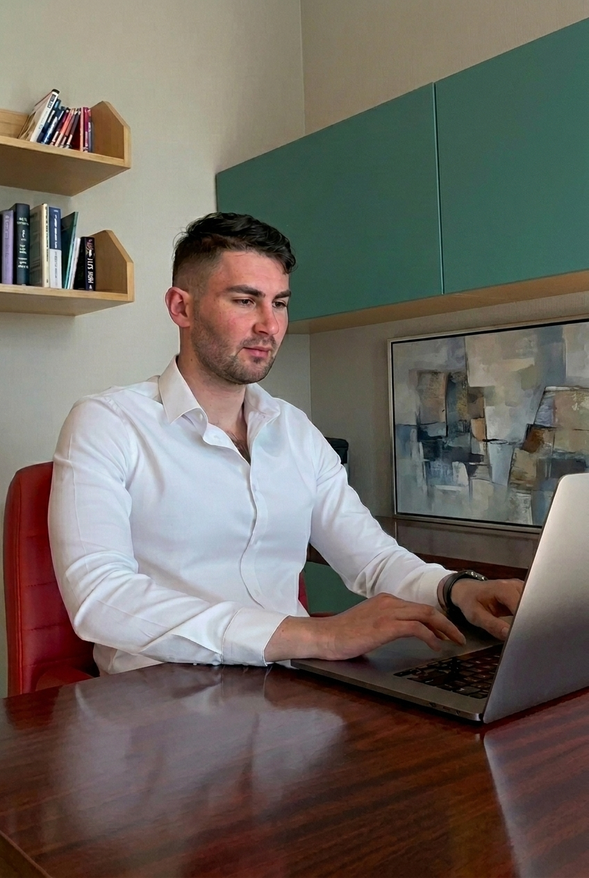 A man at a desk working intently on a laptop — the disciplined, harder-pushing path.